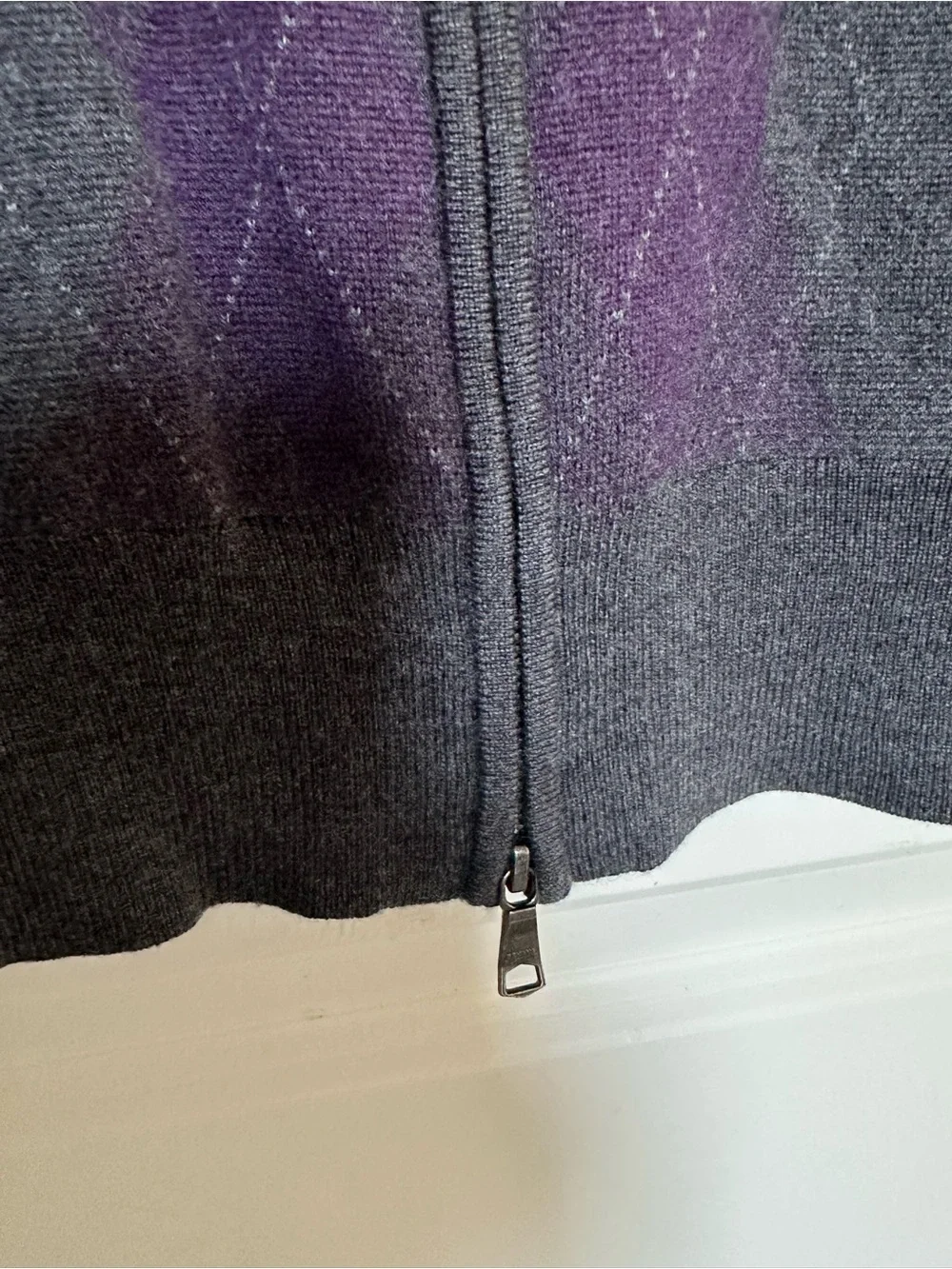 Banana Republic Unisex Wool Full-Zip Argyle Sweater - Charcoal with Purple